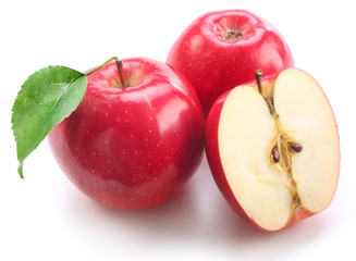 Red apple with leaf on a white background
