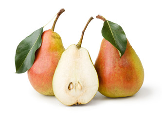 Ripe pears with leaves on white background