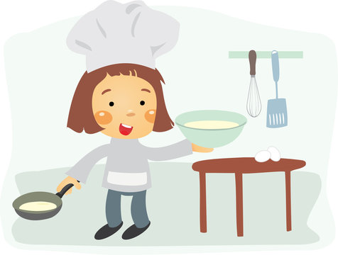 Peque&ntilde;a chef cocinando el desayuno