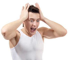 Fototapeta premium Portrait of scared male, isolated on white