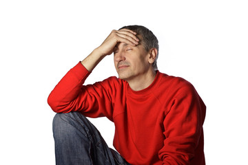 man in red sweater, white background, isolated