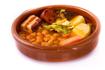 Madrid stew on earthenware pot, spanish food