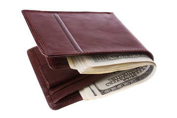 Brown leather wallet full of money. Isolated on white.
