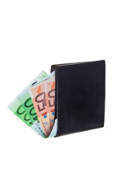 Wallet with Euro notes isolated over white background.