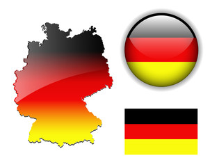German, Germany flag, map and glossy button.