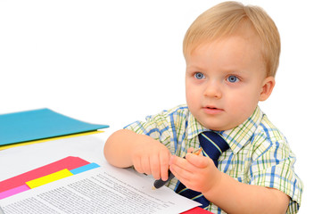 Cute little businessman is listening