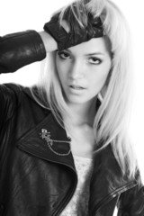blonde girl in black leather jacket