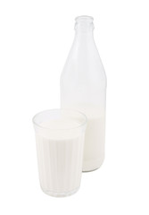 Milk in the bottle and glass isolated on white background
