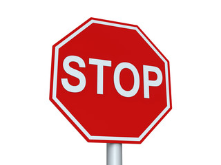 Stop sign with metal bar on white background