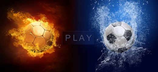 Water drops and fire flames around soccer ball on the background