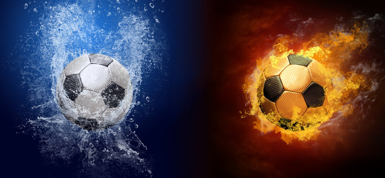 Water drops and fire flames around soccer ball on the background