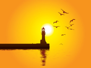 Naklejka na ściany i meble Vector illustration of Lighthouse on sunset