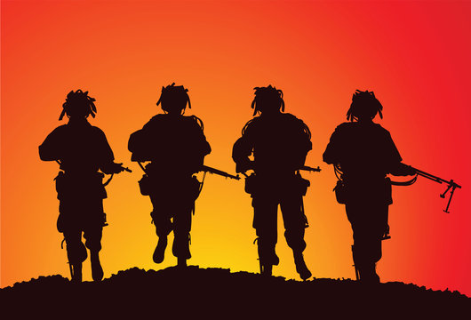 Silhouette of a small infantry group of the US Airborne