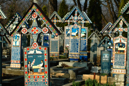 Painted crosses from the Merry cemetery of Sapanta, Maramures