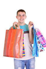 man with colorful shopping bags