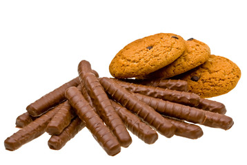 Chocolate and biscuits isolated on white