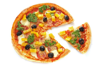 Tasty pizza with olives isolated on white