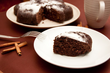 chocolate cake with icing sugar