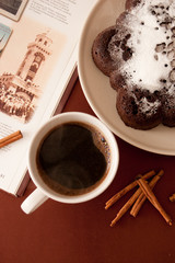 chocolate cake with icing sugar