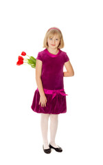 pretty girl with a bouquet of tulips behind isolated on white