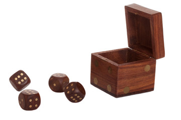 Four die and open box on white isolated background