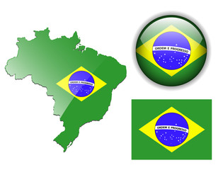 Brazil flag, map and glossy button.