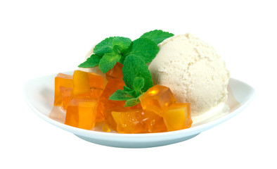 Ice cream and jelly, decorated with mint leaves.