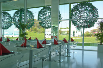 Restaurant interior in modern hotel at Mediterranean Sea, Antaly