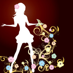 Spring girl with flowers and curlicue on brown background