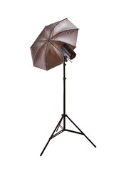 studio flash and umbrella on white