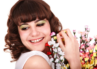 Beautiful girl with spring flower. Isolated.