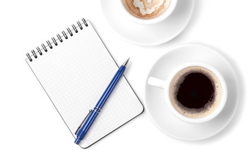 Blank organizer with pen and two coffee cups