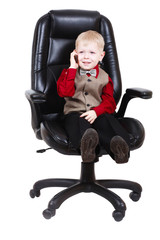 Child businessman boss calling by phone