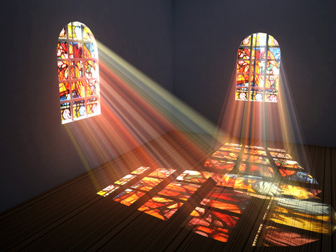 Empty room with light through colorful stained glass windows