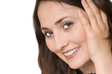 Young beautiful woman gesturing on white background