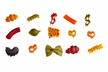 Italian colourful pasta isolated over white background.