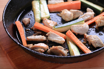 Chicken meat and vegetables on a pan