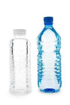 Dark blue and colorless bottles with water