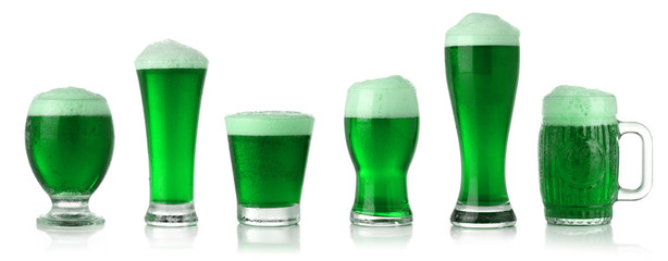 Different glasses of St. Patrick's Day green beer