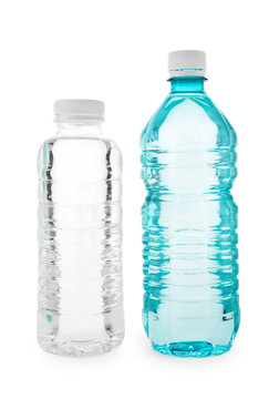 Turquoise and transparent bottle with water a close up