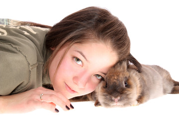 girl and  rabbit, isolated.