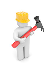 The builder holds a hammer