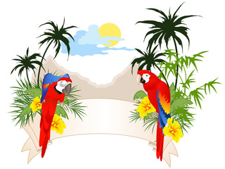 colored summer banner with parrots and palms