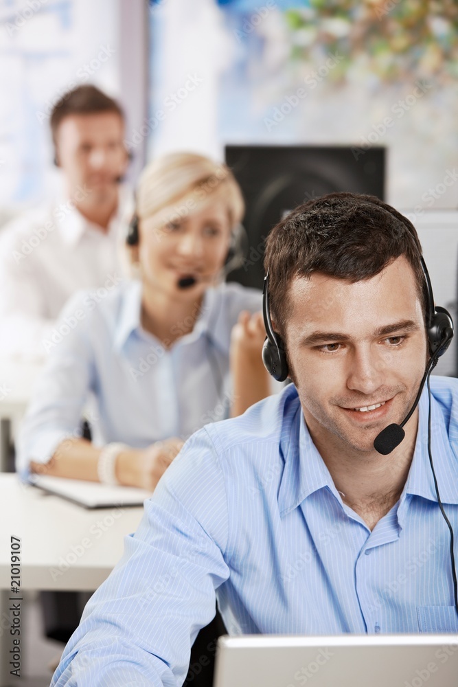 Wall mural operator talking on headset