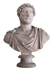 Naklejka premium Starożytne marmurowe popiersie rzymskiego cesarza Hadriana na białym tle