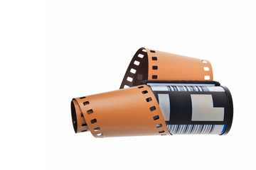 C41 negative film in cassette isolated over white background.