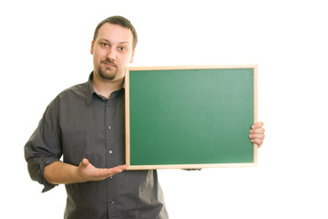 man holding blackboard