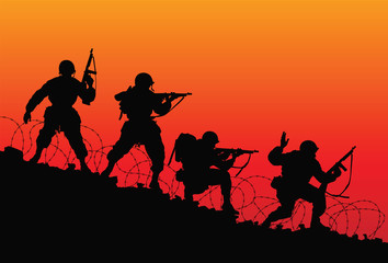 Assault. Vector silhouette of soldiers.
