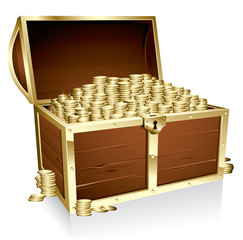 Wooden treasure chest loaded with golden coins