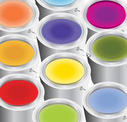 multicoloured paints in the silver buckets